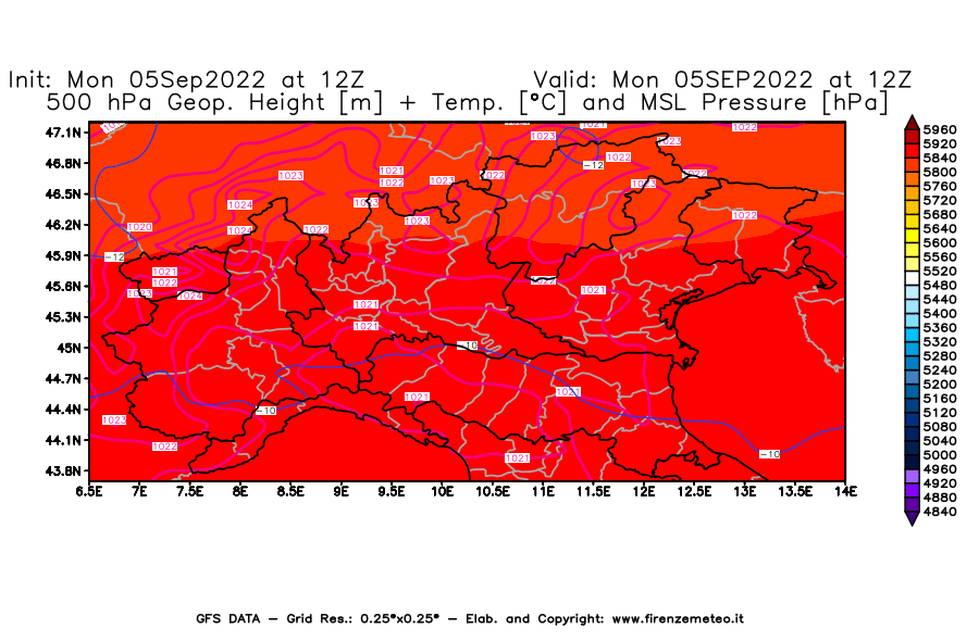 Mappa di analisi GFS - Geopotenziale [m] + Temp. [°C] a 500 hPa + Press. a livello del mare [hPa] in Nord-Italia
							del 05/09/2022 12 <!--googleoff: index-->UTC<!--googleon: index-->