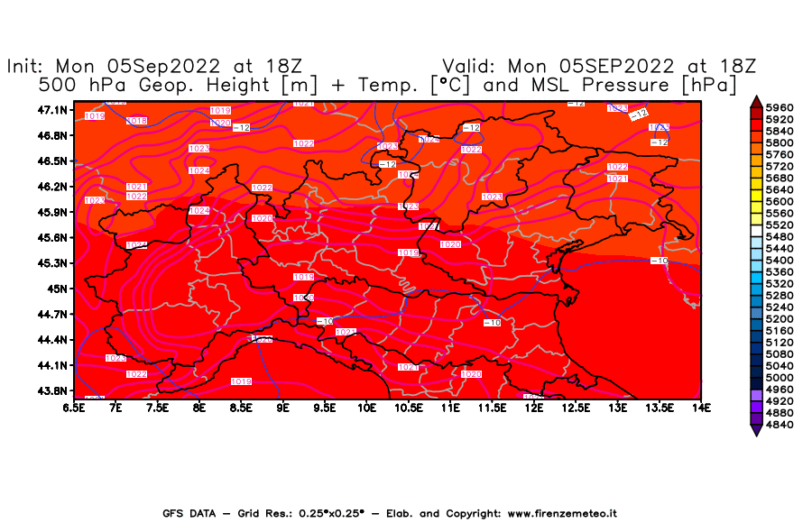 Mappa di analisi GFS - Geopotenziale [m] + Temp. [°C] a 500 hPa + Press. a livello del mare [hPa] in Nord-Italia
							del 05/09/2022 18 <!--googleoff: index-->UTC<!--googleon: index-->