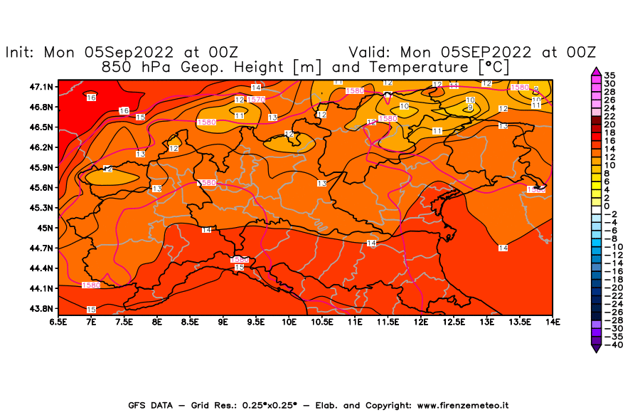 Mappa di analisi GFS - Geopotenziale [m] e Temperatura [°C] a 850 hPa in Nord-Italia
							del 05/09/2022 00 <!--googleoff: index-->UTC<!--googleon: index-->