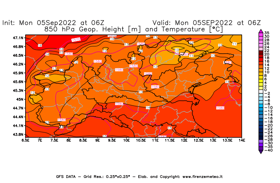 Mappa di analisi GFS - Geopotenziale [m] e Temperatura [°C] a 850 hPa in Nord-Italia
							del 05/09/2022 06 <!--googleoff: index-->UTC<!--googleon: index-->