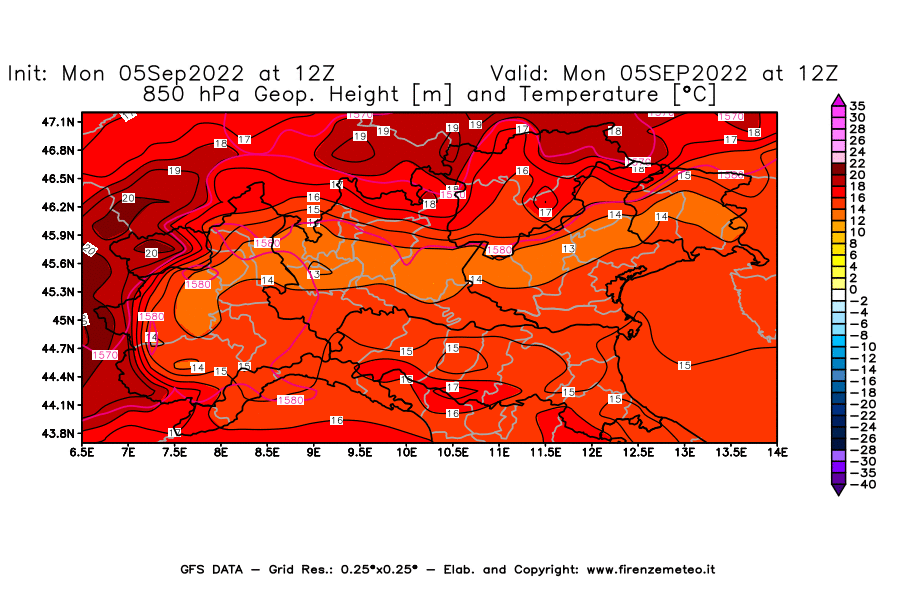 Mappa di analisi GFS - Geopotenziale [m] e Temperatura [°C] a 850 hPa in Nord-Italia
							del 05/09/2022 12 <!--googleoff: index-->UTC<!--googleon: index-->