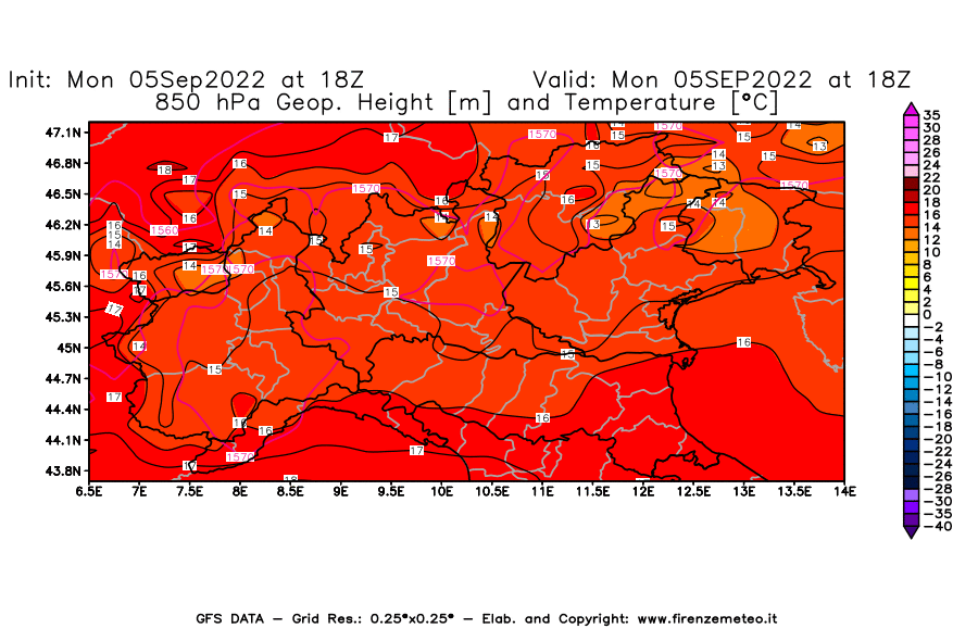 Mappa di analisi GFS - Geopotenziale [m] e Temperatura [°C] a 850 hPa in Nord-Italia
							del 05/09/2022 18 <!--googleoff: index-->UTC<!--googleon: index-->