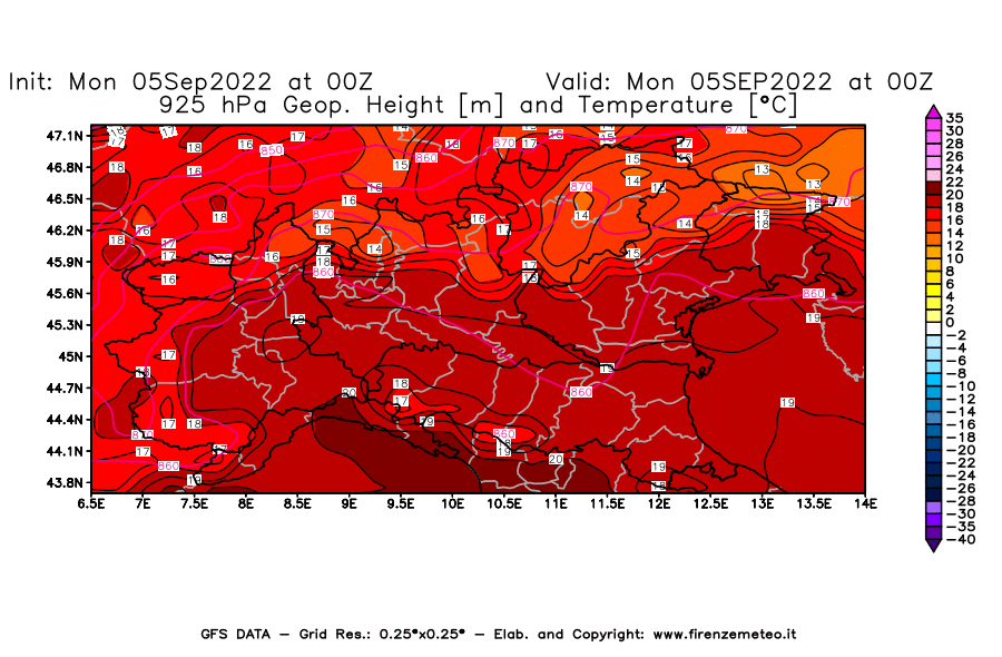 Mappa di analisi GFS - Geopotenziale [m] e Temperatura [°C] a 925 hPa in Nord-Italia
							del 05/09/2022 00 <!--googleoff: index-->UTC<!--googleon: index-->
