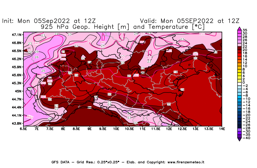 Mappa di analisi GFS - Geopotenziale [m] e Temperatura [°C] a 925 hPa in Nord-Italia
							del 05/09/2022 12 <!--googleoff: index-->UTC<!--googleon: index-->