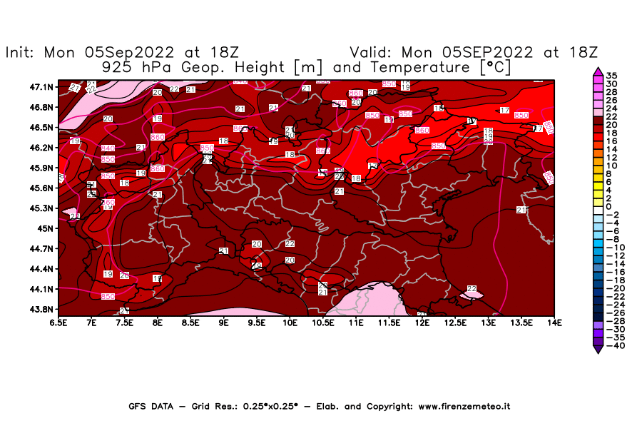 Mappa di analisi GFS - Geopotenziale [m] e Temperatura [°C] a 925 hPa in Nord-Italia
							del 05/09/2022 18 <!--googleoff: index-->UTC<!--googleon: index-->
