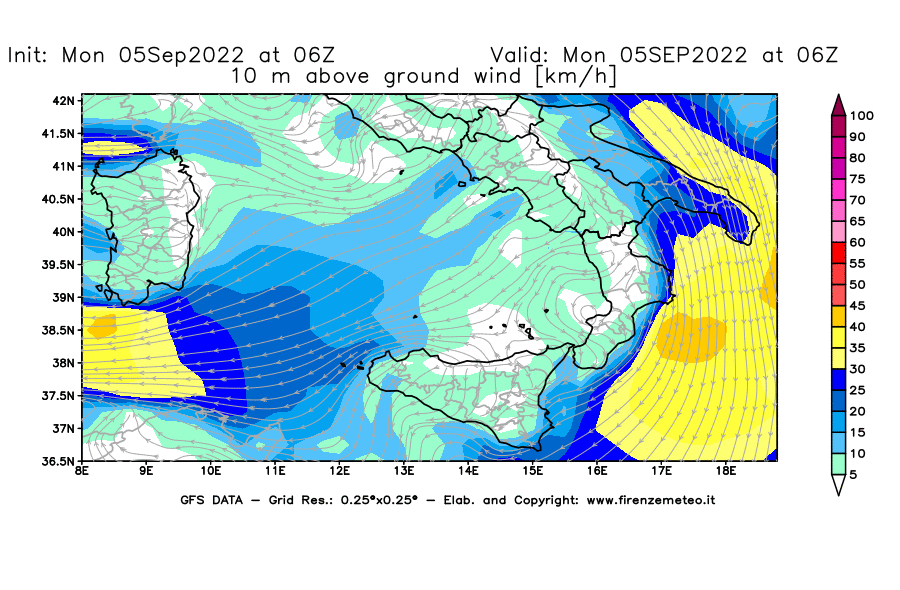 GFS analysi map - Wind Speed at 10 m above ground [km/h] in Southern Italy
									on 05/09/2022 06 <!--googleoff: index-->UTC<!--googleon: index-->