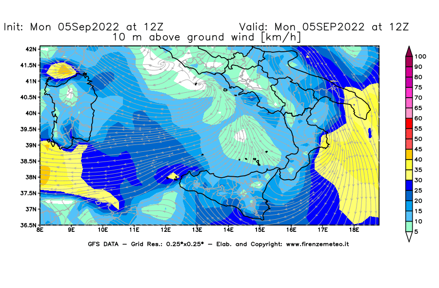 GFS analysi map - Wind Speed at 10 m above ground [km/h] in Southern Italy
									on 05/09/2022 12 <!--googleoff: index-->UTC<!--googleon: index-->