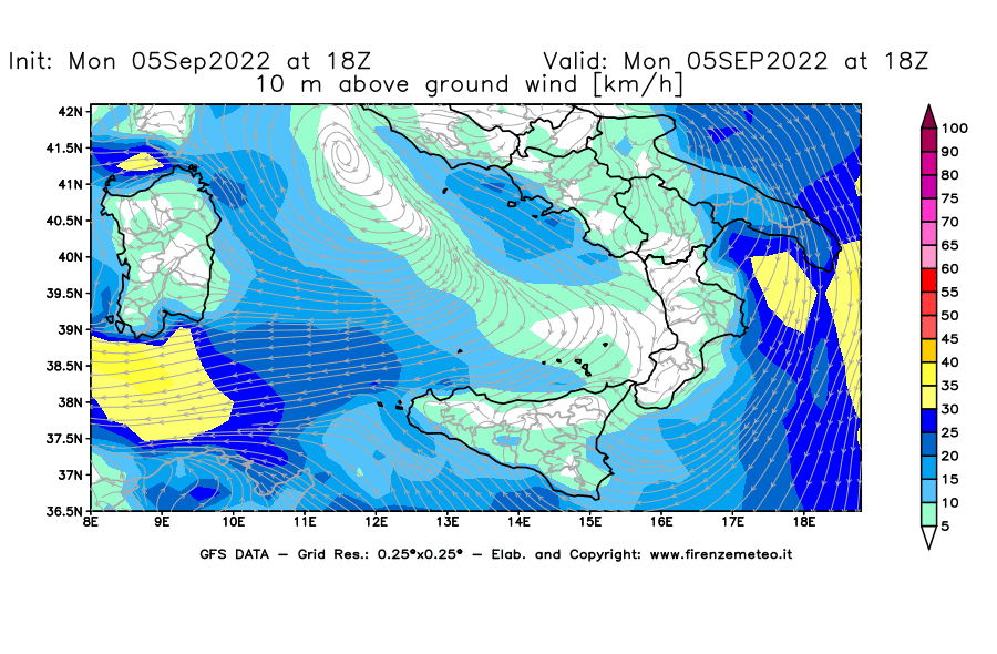 GFS analysi map - Wind Speed at 10 m above ground [km/h] in Southern Italy
									on 05/09/2022 18 <!--googleoff: index-->UTC<!--googleon: index-->