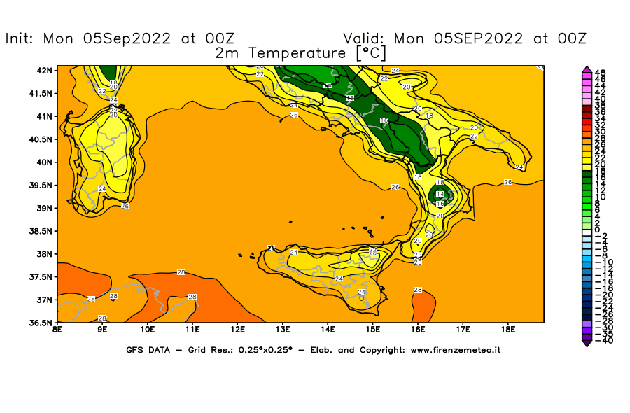 Mappa di analisi GFS - Temperatura a 2 metri dal suolo [°C] in Sud-Italia
							del 05/09/2022 00 <!--googleoff: index-->UTC<!--googleon: index-->