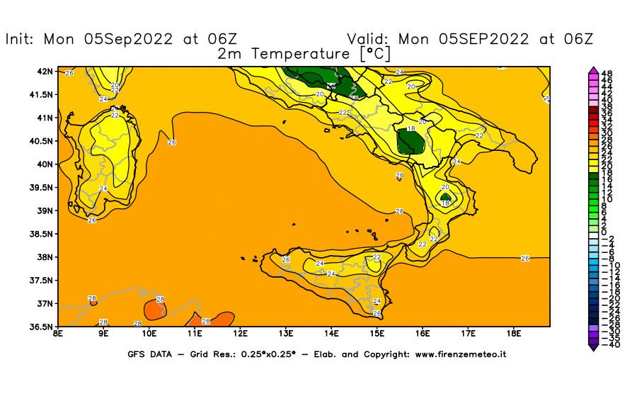 GFS analysi map - Temperature at 2 m above ground [°C] in Southern Italy
									on 05/09/2022 06 <!--googleoff: index-->UTC<!--googleon: index-->