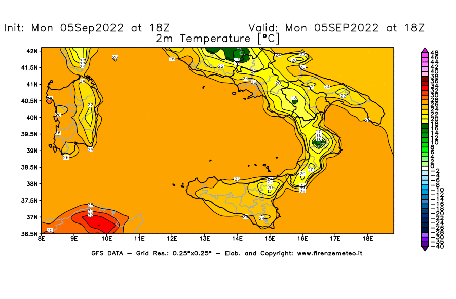 GFS analysi map - Temperature at 2 m above ground [°C] in Southern Italy
									on 05/09/2022 18 <!--googleoff: index-->UTC<!--googleon: index-->