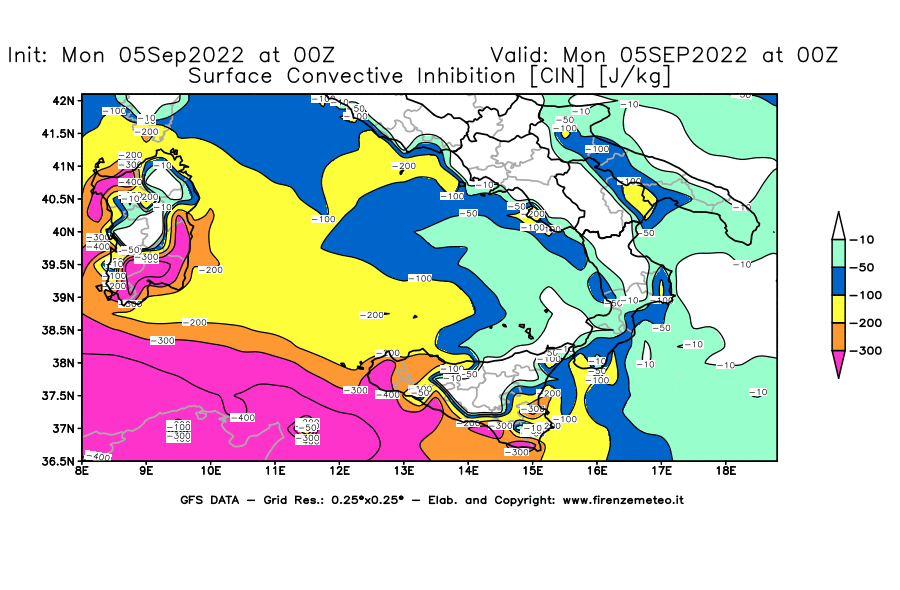 GFS analysi map - CIN [J/kg] in Southern Italy
									on 05/09/2022 00 <!--googleoff: index-->UTC<!--googleon: index-->