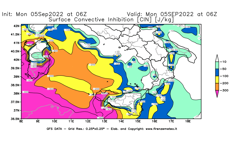 GFS analysi map - CIN [J/kg] in Southern Italy
									on 05/09/2022 06 <!--googleoff: index-->UTC<!--googleon: index-->