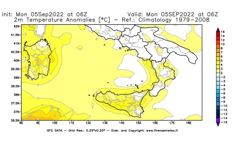 Mappa di analisi GFS - Anomalia Temperatura [°C] a 2 m in Sud-Italia
							del 05/09/2022 06 <!--googleoff: index-->UTC<!--googleon: index-->