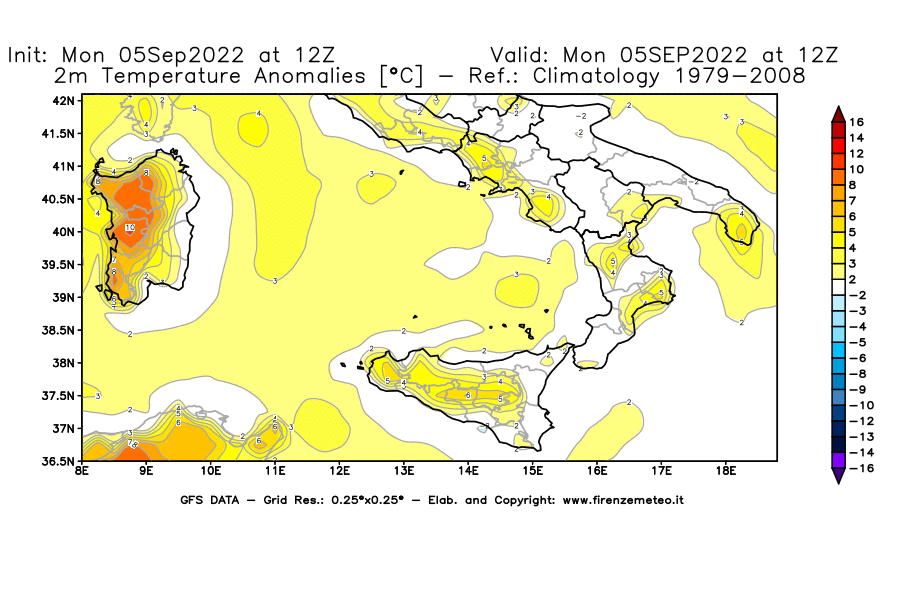 Mappa di analisi GFS - Anomalia Temperatura [°C] a 2 m in Sud-Italia
							del 05/09/2022 12 <!--googleoff: index-->UTC<!--googleon: index-->