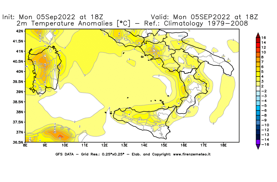 Mappa di analisi GFS - Anomalia Temperatura [°C] a 2 m in Sud-Italia
							del 05/09/2022 18 <!--googleoff: index-->UTC<!--googleon: index-->