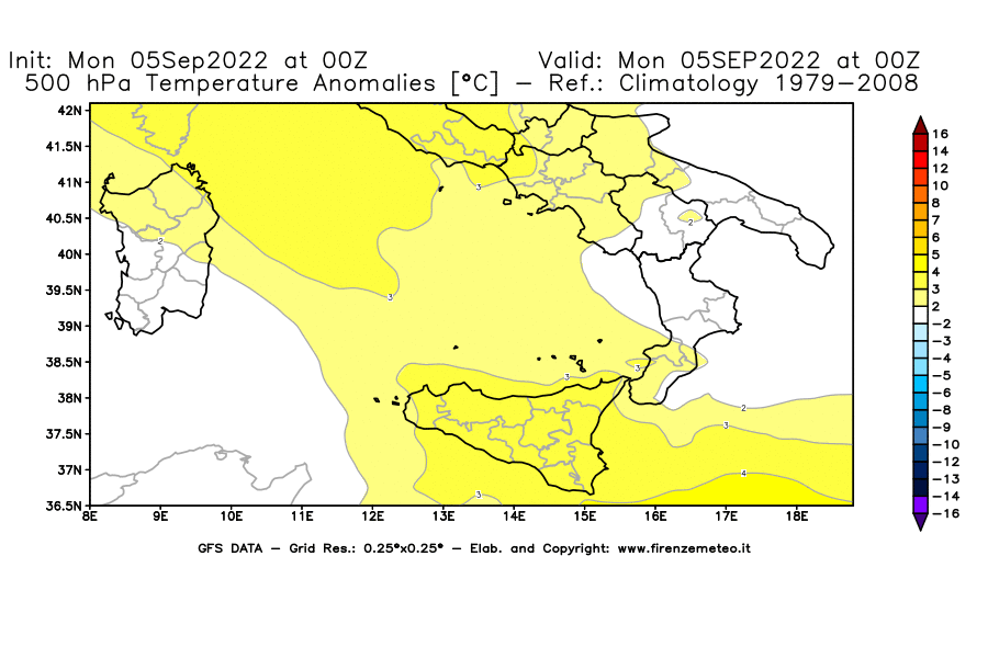 Mappa di analisi GFS - Anomalia Temperatura [°C] a 500 hPa in Sud-Italia
							del 05/09/2022 00 <!--googleoff: index-->UTC<!--googleon: index-->