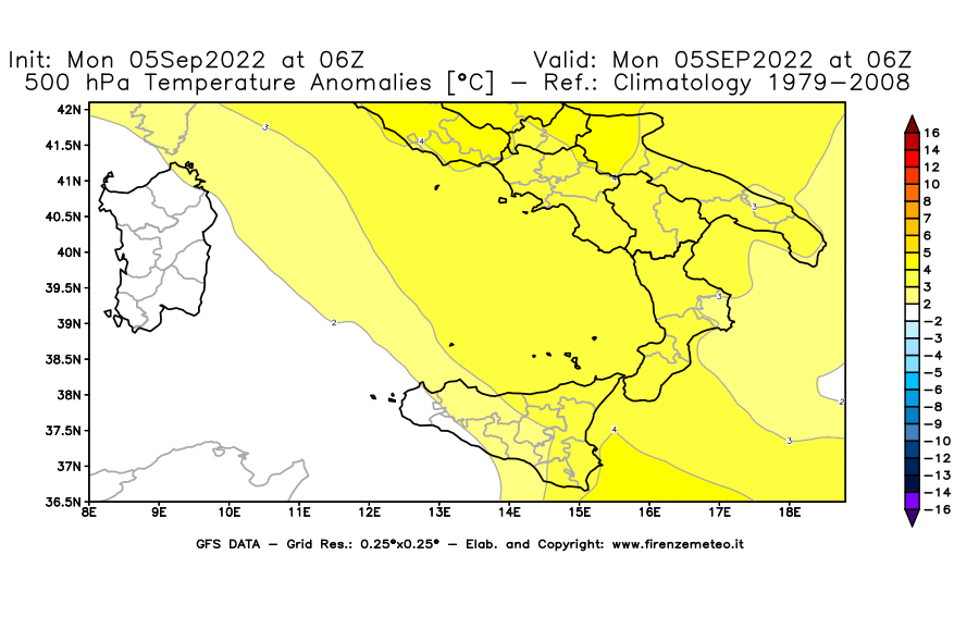 GFS analysi map - Temperature Anomalies [°C] at 500 hPa in Southern Italy
									on 05/09/2022 06 <!--googleoff: index-->UTC<!--googleon: index-->