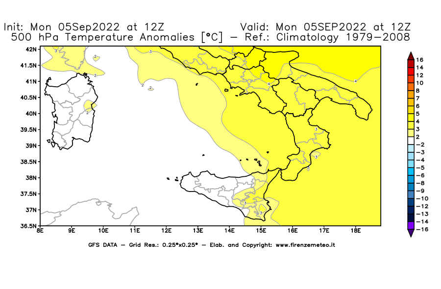 Mappa di analisi GFS - Anomalia Temperatura [°C] a 500 hPa in Sud-Italia
							del 05/09/2022 12 <!--googleoff: index-->UTC<!--googleon: index-->