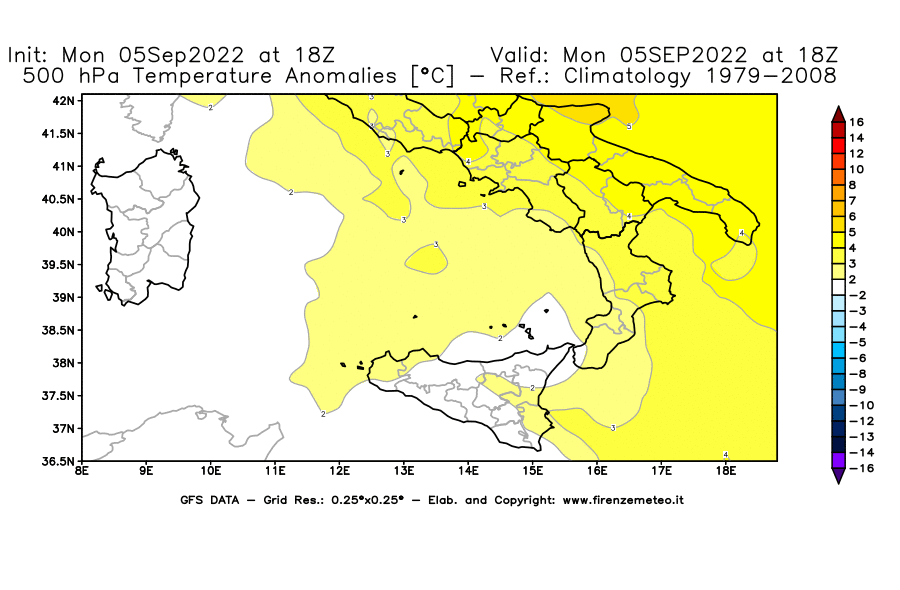 GFS analysi map - Temperature Anomalies [°C] at 500 hPa in Southern Italy
									on 05/09/2022 18 <!--googleoff: index-->UTC<!--googleon: index-->