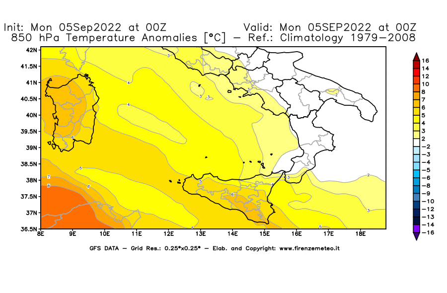 Mappa di analisi GFS - Anomalia Temperatura [°C] a 850 hPa in Sud-Italia
							del 05/09/2022 00 <!--googleoff: index-->UTC<!--googleon: index-->