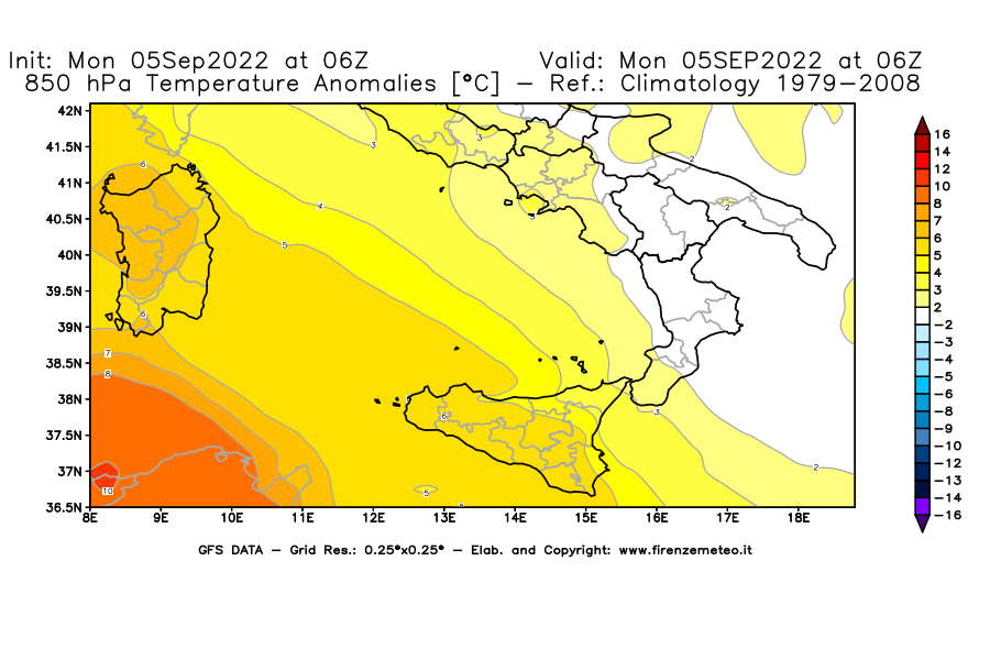 Mappa di analisi GFS - Anomalia Temperatura [°C] a 850 hPa in Sud-Italia
							del 05/09/2022 06 <!--googleoff: index-->UTC<!--googleon: index-->