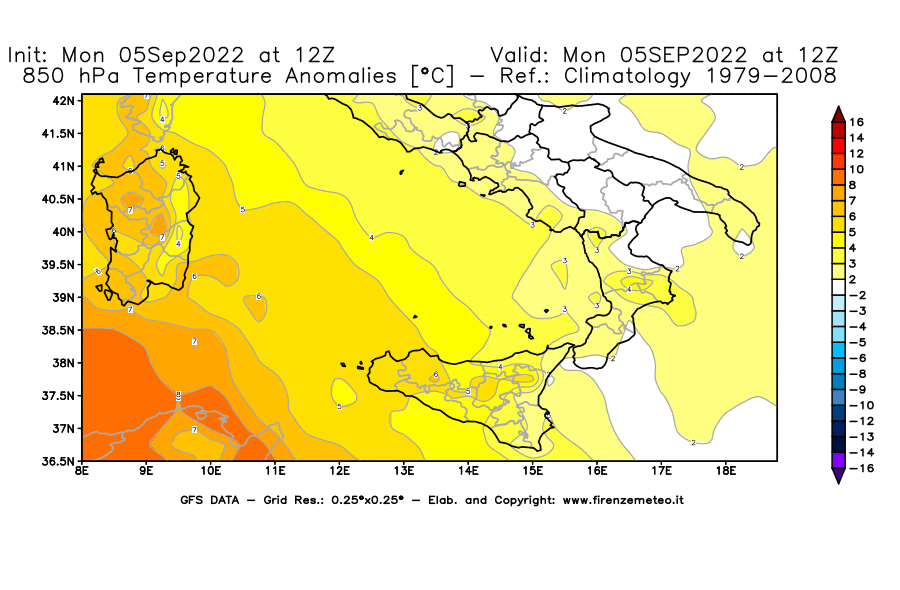 GFS analysi map - Temperature Anomalies [°C] at 850 hPa in Southern Italy
									on 05/09/2022 12 <!--googleoff: index-->UTC<!--googleon: index-->