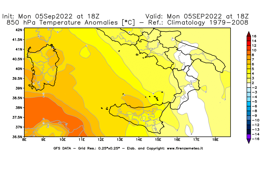 GFS analysi map - Temperature Anomalies [°C] at 850 hPa in Southern Italy
									on 05/09/2022 18 <!--googleoff: index-->UTC<!--googleon: index-->