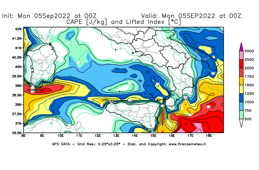 GFS analysi map - CAPE [J/kg] and Lifted Index [°C] in Southern Italy
									on 05/09/2022 00 <!--googleoff: index-->UTC<!--googleon: index-->