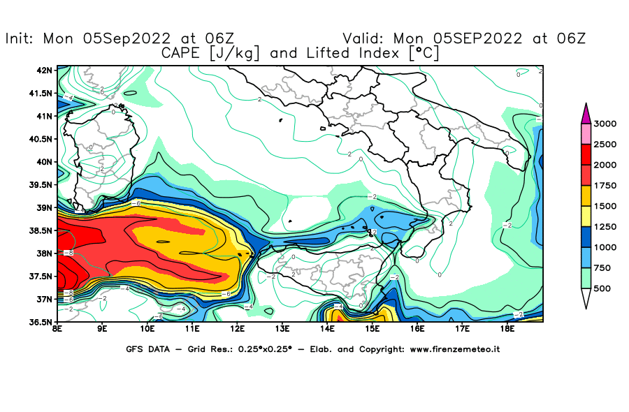 GFS analysi map - CAPE [J/kg] and Lifted Index [°C] in Southern Italy
									on 05/09/2022 06 <!--googleoff: index-->UTC<!--googleon: index-->