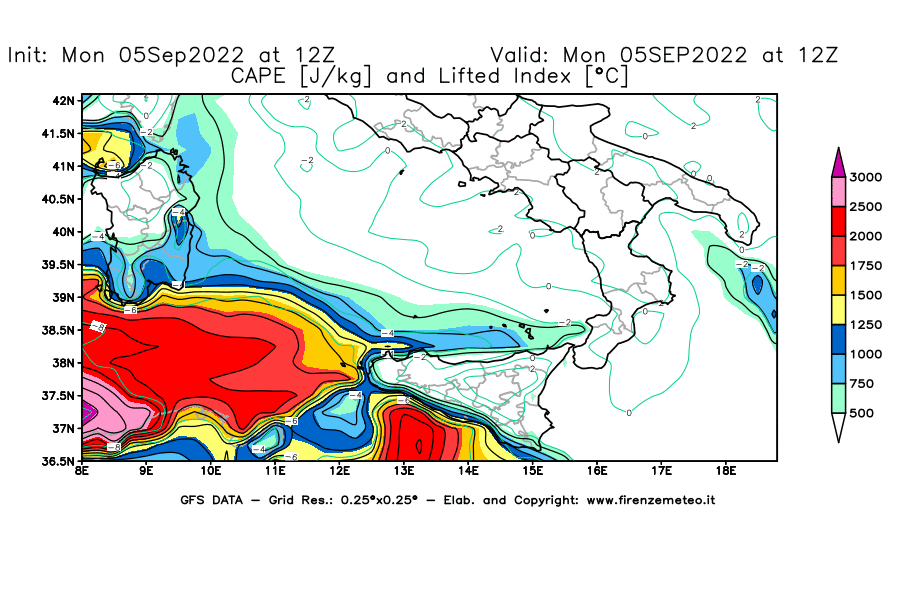 GFS analysi map - CAPE [J/kg] and Lifted Index [°C] in Southern Italy
									on 05/09/2022 12 <!--googleoff: index-->UTC<!--googleon: index-->
