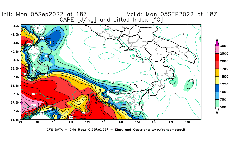 GFS analysi map - CAPE [J/kg] and Lifted Index [°C] in Southern Italy
									on 05/09/2022 18 <!--googleoff: index-->UTC<!--googleon: index-->