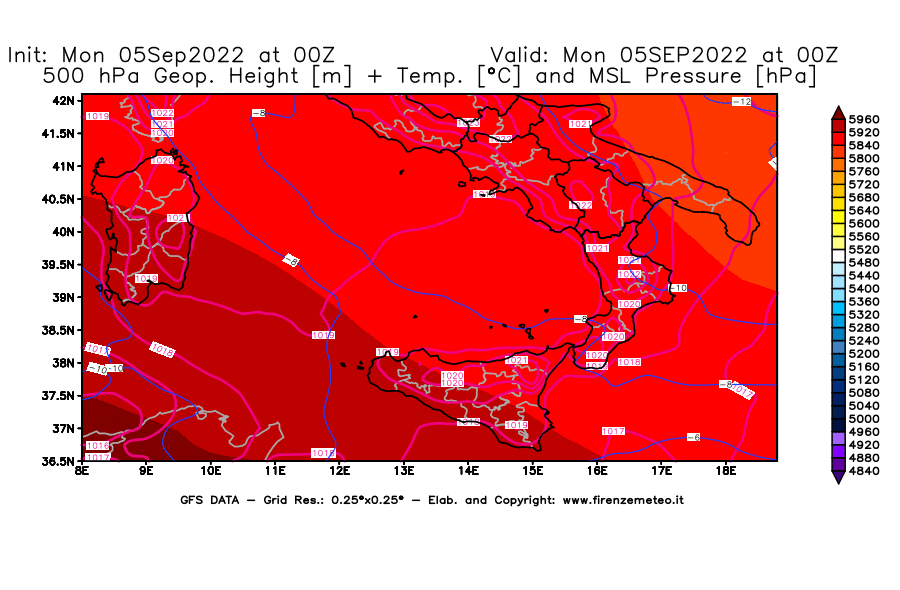 Mappa di analisi GFS - Geopotenziale [m] + Temp. [°C] a 500 hPa + Press. a livello del mare [hPa] in Sud-Italia
							del 05/09/2022 00 <!--googleoff: index-->UTC<!--googleon: index-->