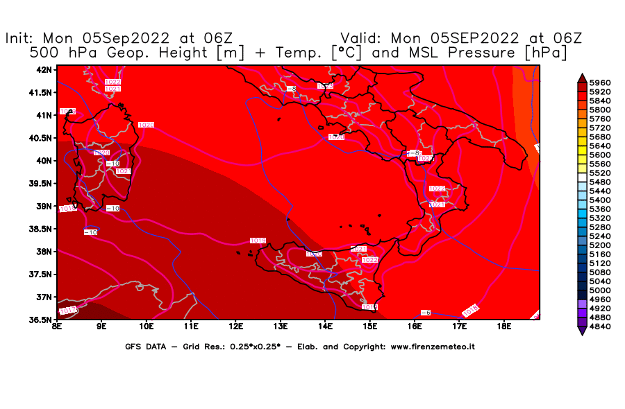 Mappa di analisi GFS - Geopotenziale [m] + Temp. [°C] a 500 hPa + Press. a livello del mare [hPa] in Sud-Italia
							del 05/09/2022 06 <!--googleoff: index-->UTC<!--googleon: index-->