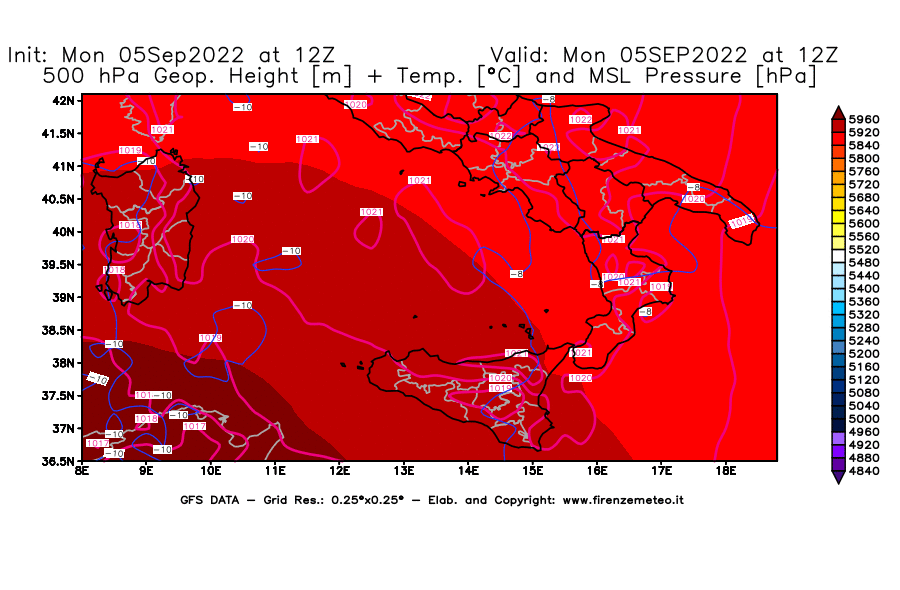Mappa di analisi GFS - Geopotenziale [m] + Temp. [°C] a 500 hPa + Press. a livello del mare [hPa] in Sud-Italia
							del 05/09/2022 12 <!--googleoff: index-->UTC<!--googleon: index-->