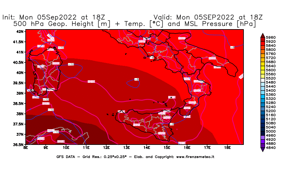 Mappa di analisi GFS - Geopotenziale [m] + Temp. [°C] a 500 hPa + Press. a livello del mare [hPa] in Sud-Italia
							del 05/09/2022 18 <!--googleoff: index-->UTC<!--googleon: index-->