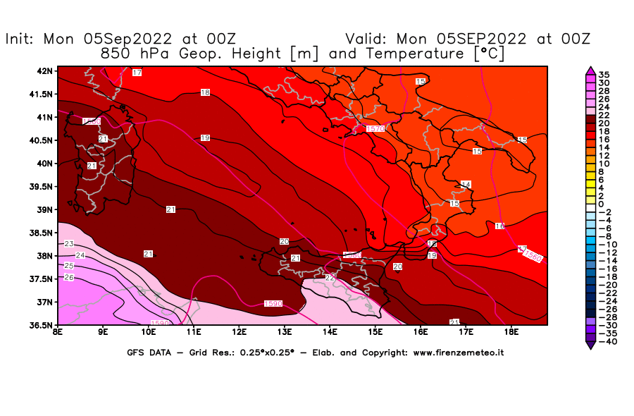 Mappa di analisi GFS - Geopotenziale [m] e Temperatura [°C] a 850 hPa in Sud-Italia
							del 05/09/2022 00 <!--googleoff: index-->UTC<!--googleon: index-->
