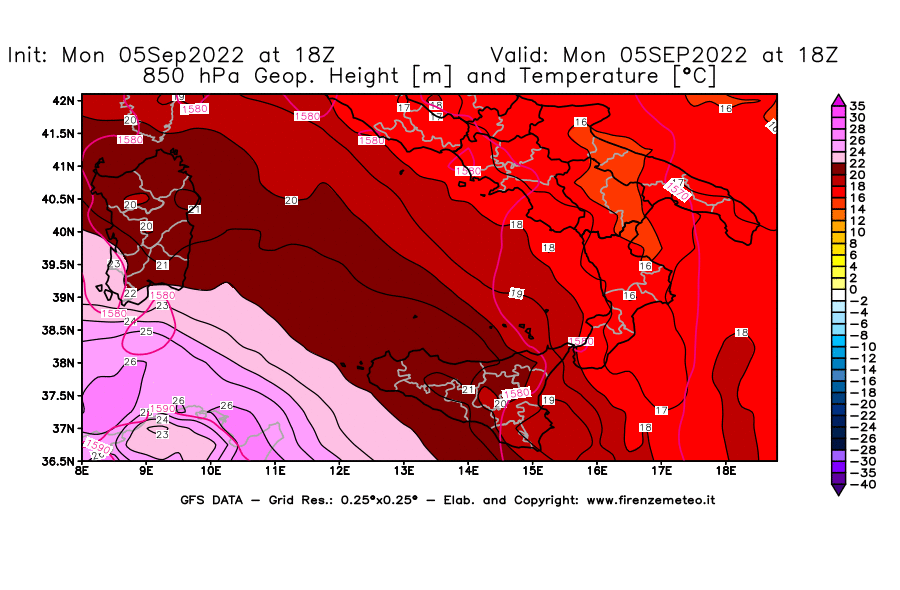 Mappa di analisi GFS - Geopotenziale [m] e Temperatura [°C] a 850 hPa in Sud-Italia
							del 05/09/2022 18 <!--googleoff: index-->UTC<!--googleon: index-->