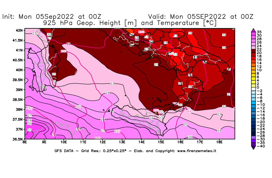 Mappa di analisi GFS - Geopotenziale [m] e Temperatura [°C] a 925 hPa in Sud-Italia
							del 05/09/2022 00 <!--googleoff: index-->UTC<!--googleon: index-->