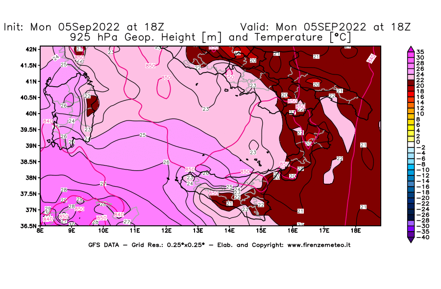 Mappa di analisi GFS - Geopotenziale [m] e Temperatura [°C] a 925 hPa in Sud-Italia
							del 05/09/2022 18 <!--googleoff: index-->UTC<!--googleon: index-->