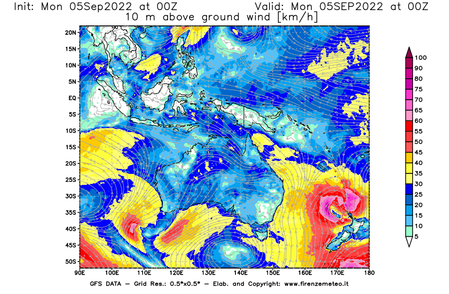 GFS analysi map - Wind Speed at 10 m above ground [km/h] in Oceania
									on 05/09/2022 00 <!--googleoff: index-->UTC<!--googleon: index-->