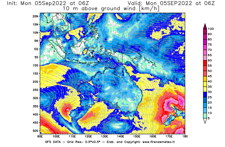 GFS analysi map - Wind Speed at 10 m above ground [km/h] in Oceania
									on 05/09/2022 06 <!--googleoff: index-->UTC<!--googleon: index-->