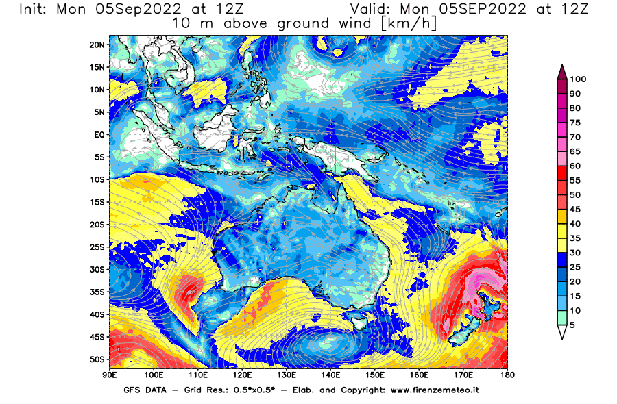 GFS analysi map - Wind Speed at 10 m above ground [km/h] in Oceania
									on 05/09/2022 12 <!--googleoff: index-->UTC<!--googleon: index-->