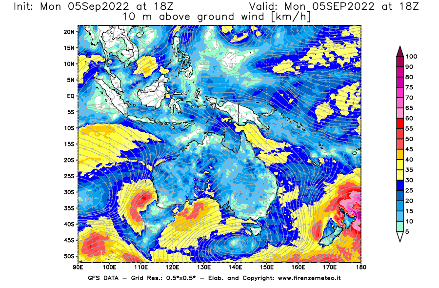 GFS analysi map - Wind Speed at 10 m above ground [km/h] in Oceania
									on 05/09/2022 18 <!--googleoff: index-->UTC<!--googleon: index-->