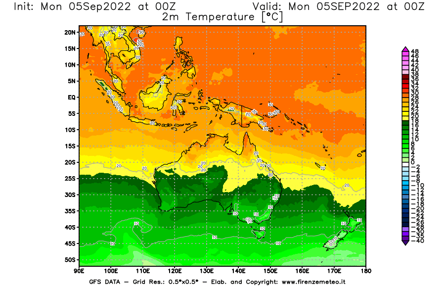 Mappa di analisi GFS - Temperatura a 2 metri dal suolo [°C] in Oceania
							del 05/09/2022 00 <!--googleoff: index-->UTC<!--googleon: index-->