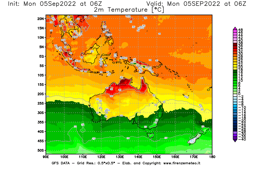 Mappa di analisi GFS - Temperatura a 2 metri dal suolo [°C] in Oceania
							del 05/09/2022 06 <!--googleoff: index-->UTC<!--googleon: index-->