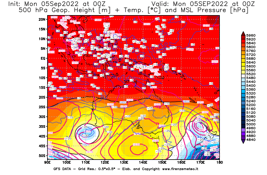 Mappa di analisi GFS - Geopotenziale [m] + Temp. [°C] a 500 hPa + Press. a livello del mare [hPa] in Oceania
							del 05/09/2022 00 <!--googleoff: index-->UTC<!--googleon: index-->