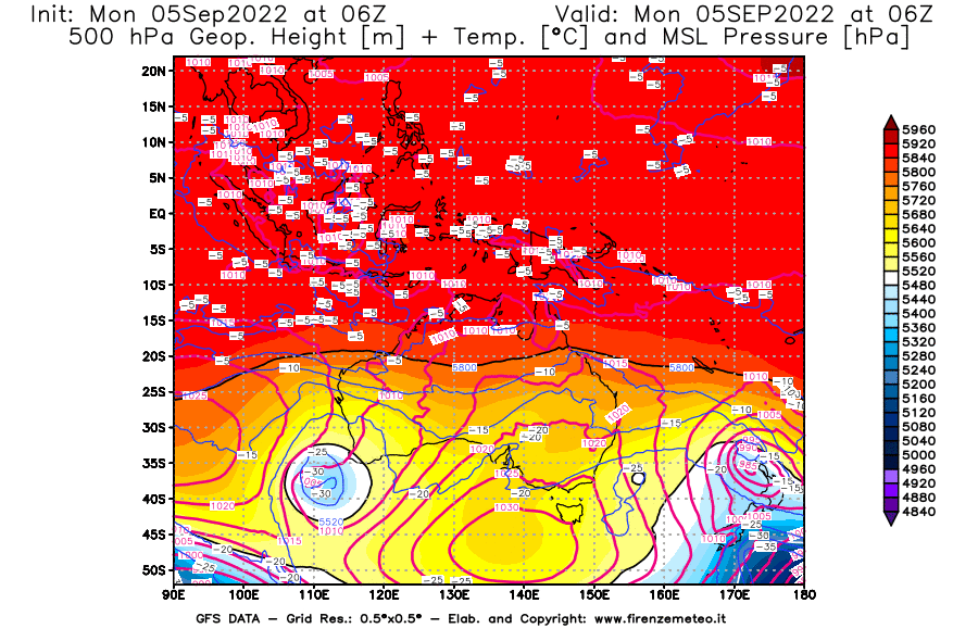 GFS analysi map - Geopotential [m] + Temp. [°C] at 500 hPa + Sea Level Pressure [hPa] in Oceania
									on 05/09/2022 06 <!--googleoff: index-->UTC<!--googleon: index-->