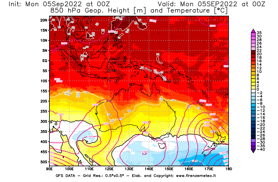 Mappa di analisi GFS - Geopotenziale [m] e Temperatura [°C] a 850 hPa in Oceania
							del 05/09/2022 00 <!--googleoff: index-->UTC<!--googleon: index-->