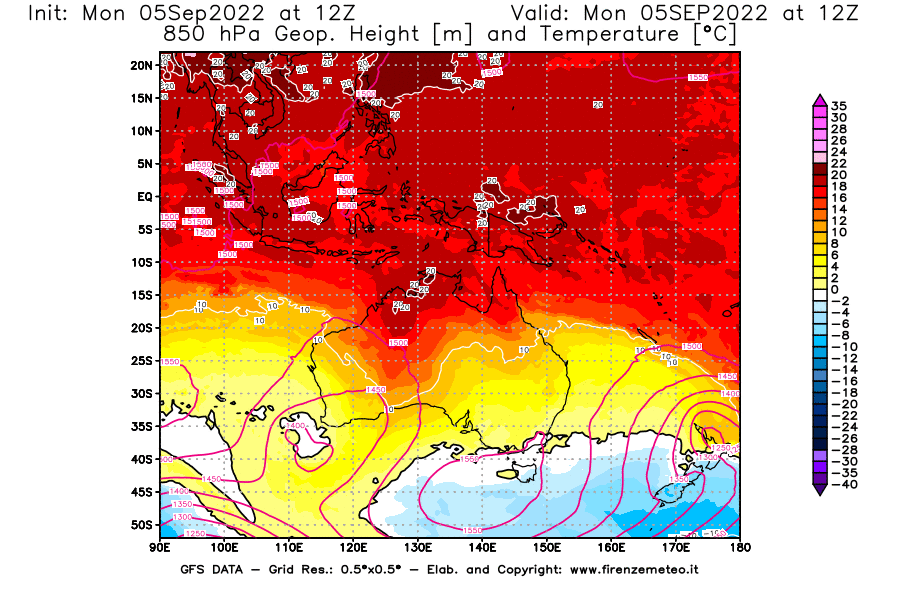GFS analysi map - Geopotential [m] and Temperature [°C] at 850 hPa in Oceania
									on 05/09/2022 12 <!--googleoff: index-->UTC<!--googleon: index-->